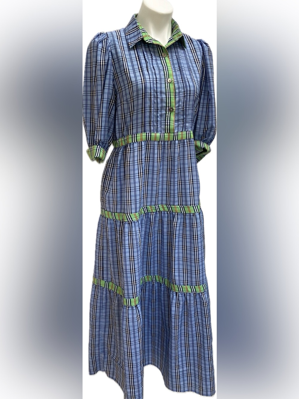 GRETCHEN SCOTT DESIGNS TIERED BLUE PLAID PREPPY DAMSEL ACADEMIC MIDI MAXI DRESS